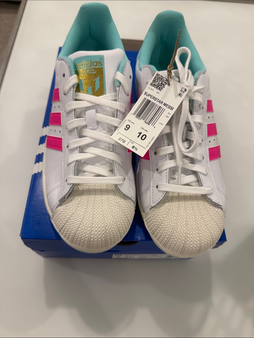 adidas mens White Sneakers with Pink Stripes & Teal Lining-Messi